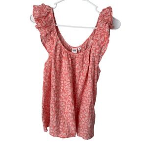 GAP Womens Pink Floral Hibiscus Ruffle Flutter Sleeve Scoop Neck Tank Top XS